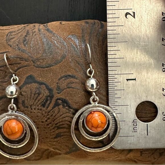 Orbital Silver and Orange Earrings with Concentric Design - Picture 2 of 2